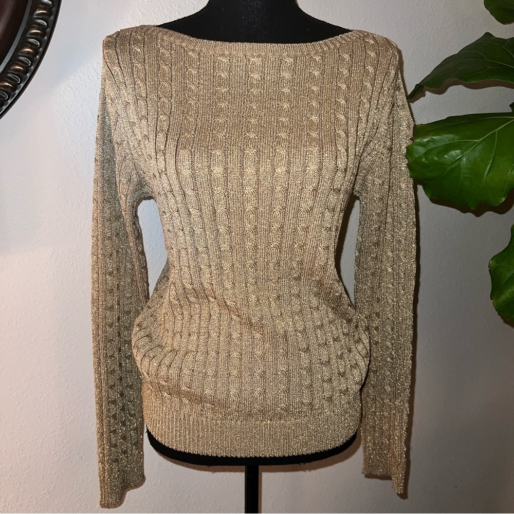 Ralph Lauren Women’s Shimmering Gold Metallic Cable Knit Boat Neck Sweater L